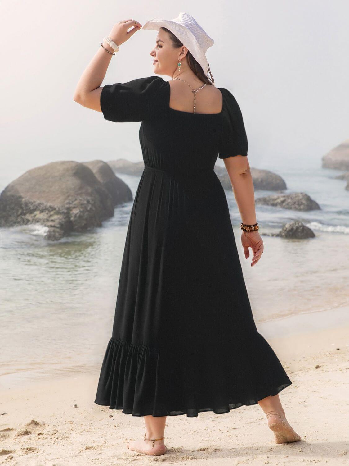Plus Size Ruffled Hem Square Neck Short Sleeve Dress - Clothes For Her Online Store