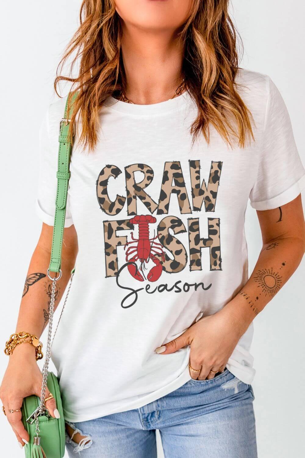 CRAWFISH SEASON Leopard Round Neck Short Sleeve T-Shirt