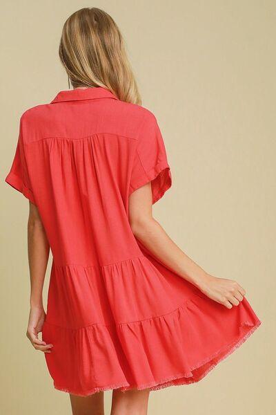 Umgee Full Size Raw Hem Folded Sleeve Tiered Dress Plus Size