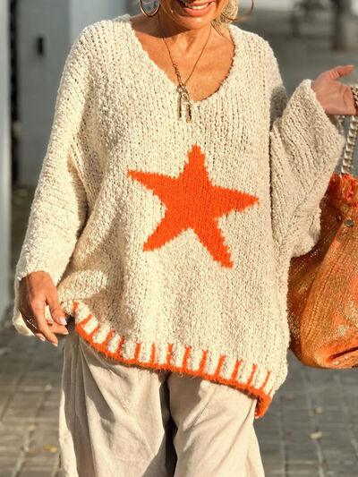 Star V-Neck Long Sleeve Oversize Sweater - Clothes For Her Online Store