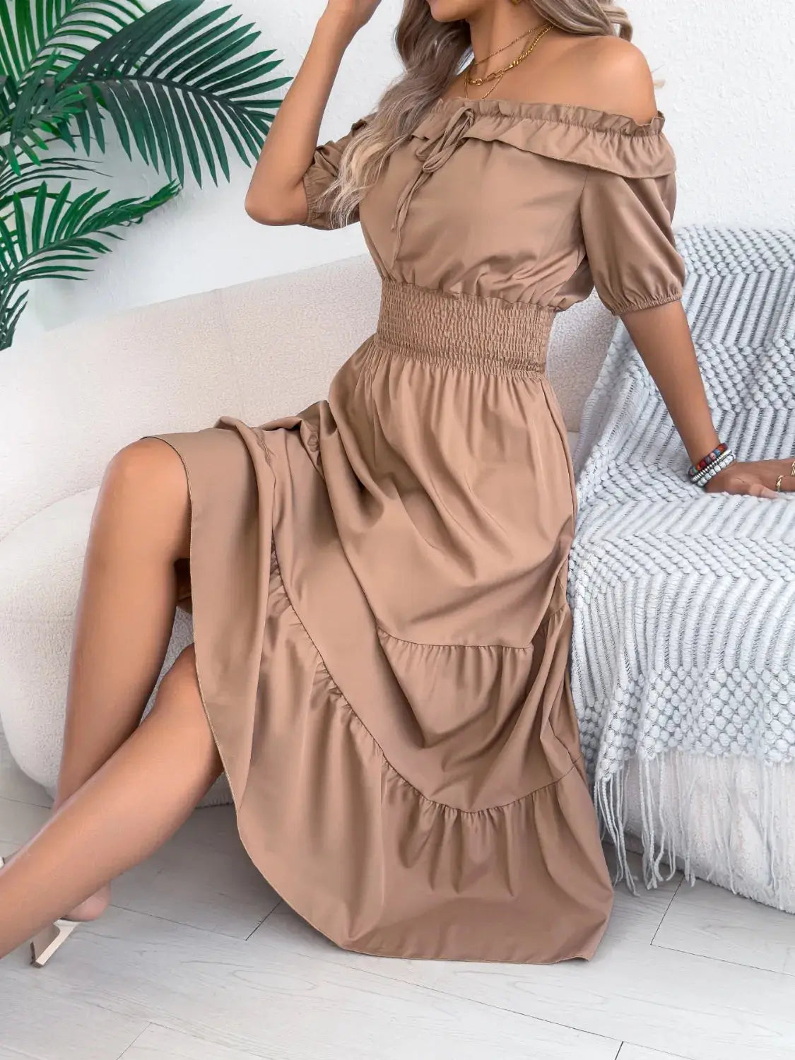 Smocked Off-Shoulder Tiered Dress - Clothes For Her Online Store