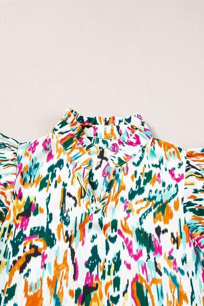 Abstract Print Ruffle Sleeve Blouse