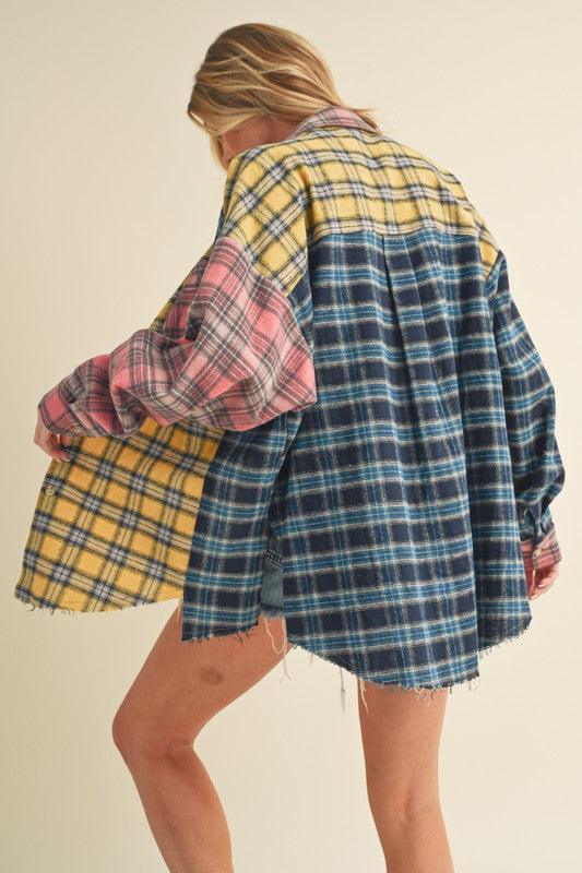 Aemi + Co Frayed Hem Color Block Plaid Drop Shoulder Shirt