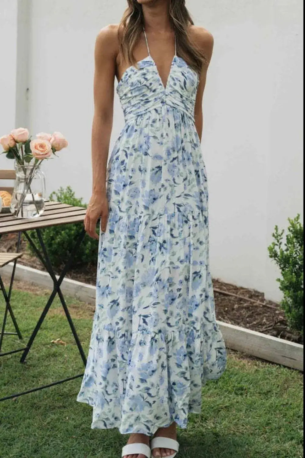 Floral Halter Neck Tiered Maxi Dress