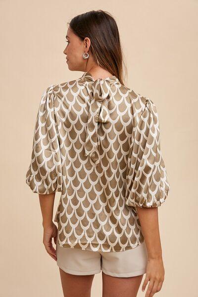 Annie Wear Tie Back Abstract Print Mock Neck Half Sleeve Blouse