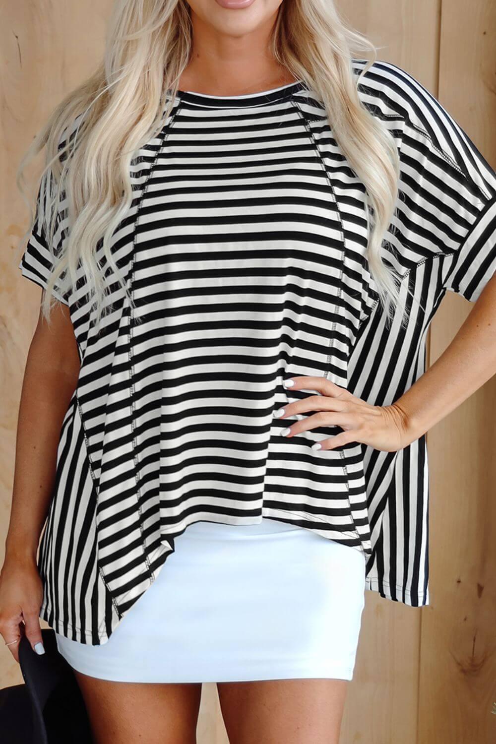 Stripe Batwing Sleeve Round Neck Oversized Top