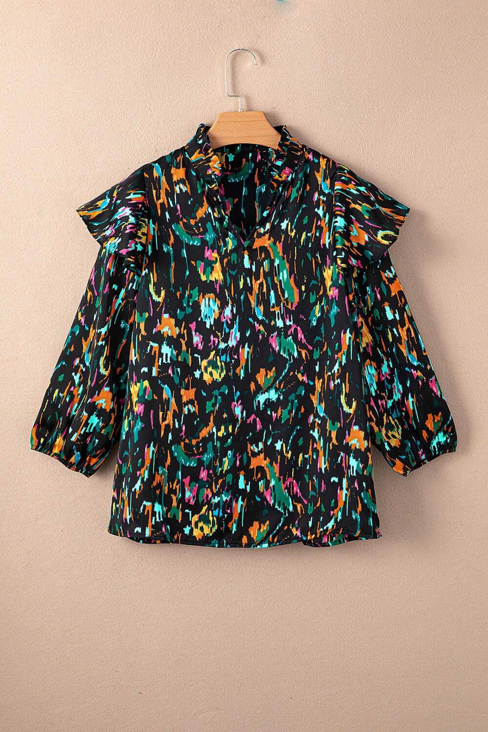 Abstract Print 3/4 Sleeve Ruffle Blouse