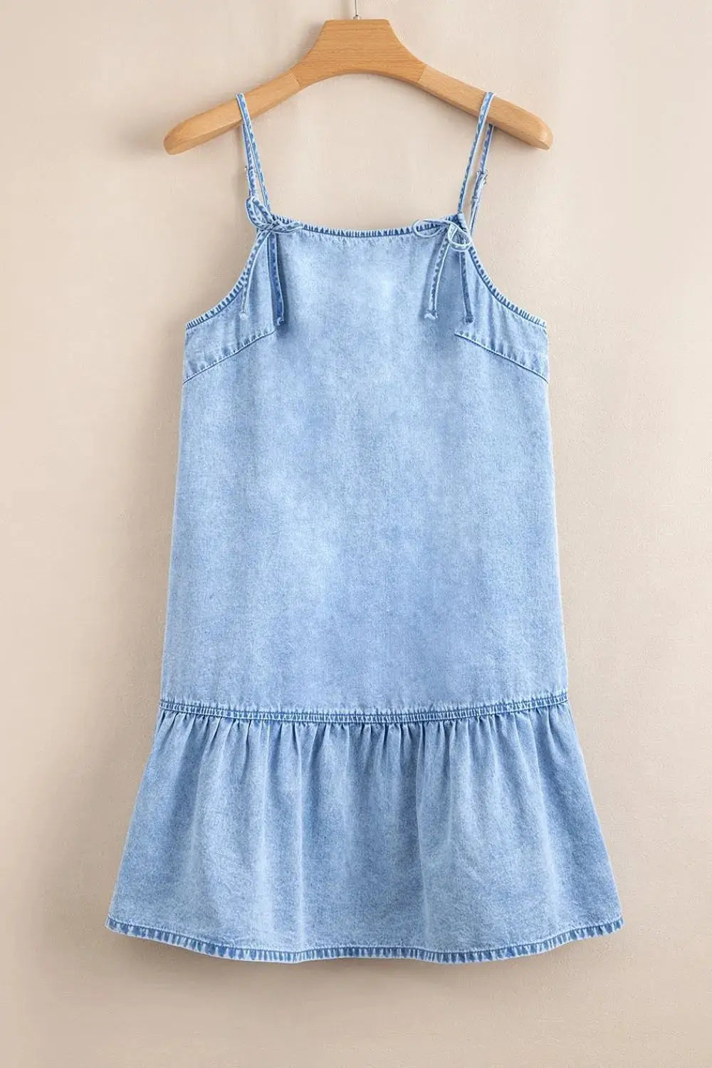 Bow Detail Spaghetti Straps Ruffle Hem Denim Dress - Clothes For Her Online Store