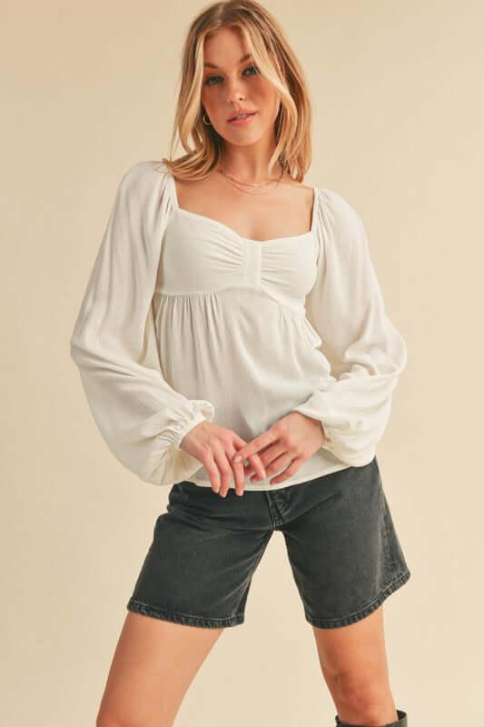 Aemi + Co Ruched Sweetheart Neck Balloon Sleeve Blouse