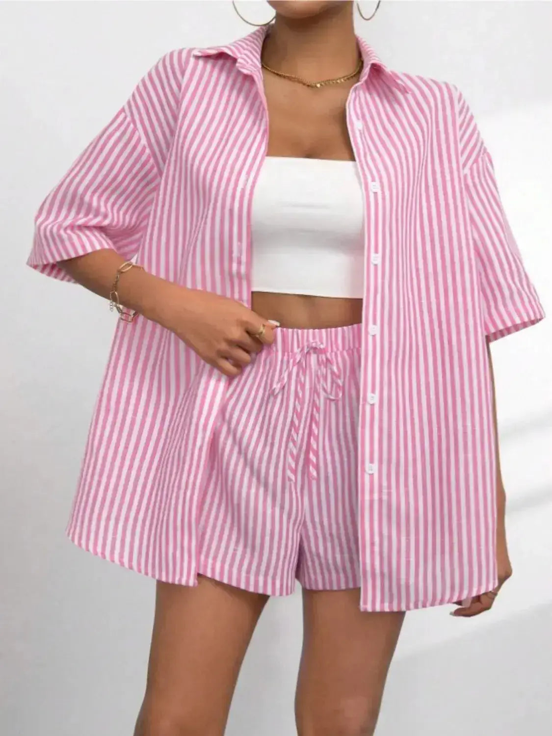 Striped Button Up Shirt and Shorts Set - Clothes For Her Online Store