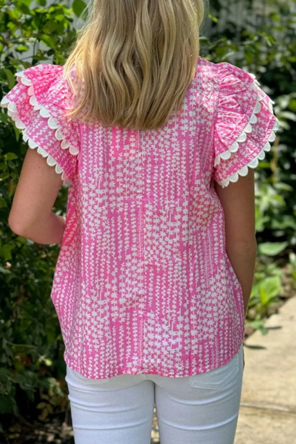 Abstract Print Ric Rac Trim Flutter Sleeve Notched Blouse