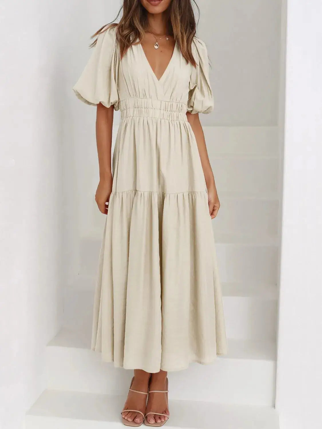 V-Neck Puff Sleeve Midi Dress - Clothes For Her Online Store