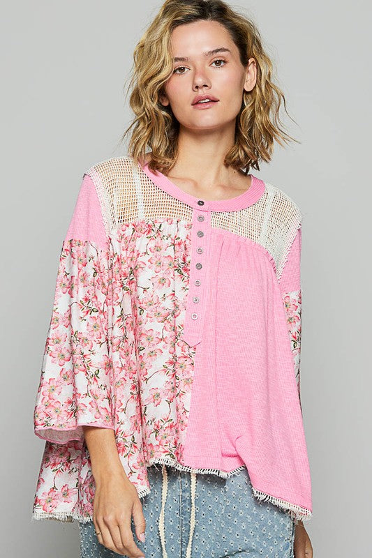 POL Washed Floral Print Crochet Detail Top