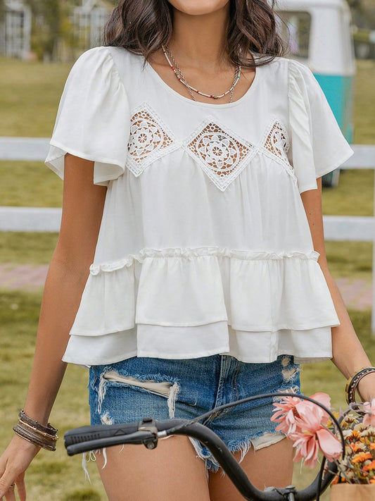 Layered Round Neck Flutter Sleeve Blouse