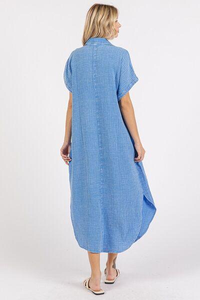 Mittoshop Mineral Wash V Neck Button Up Midi Shirt Dress - Clothes For Her Online Store