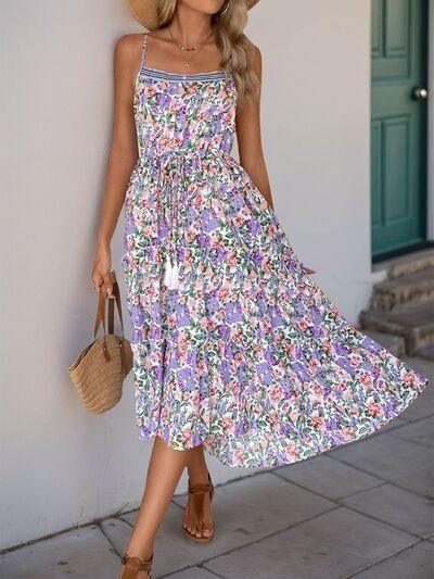 Perfee Decor Button Printed Sleeveless Tiered Midi Dress