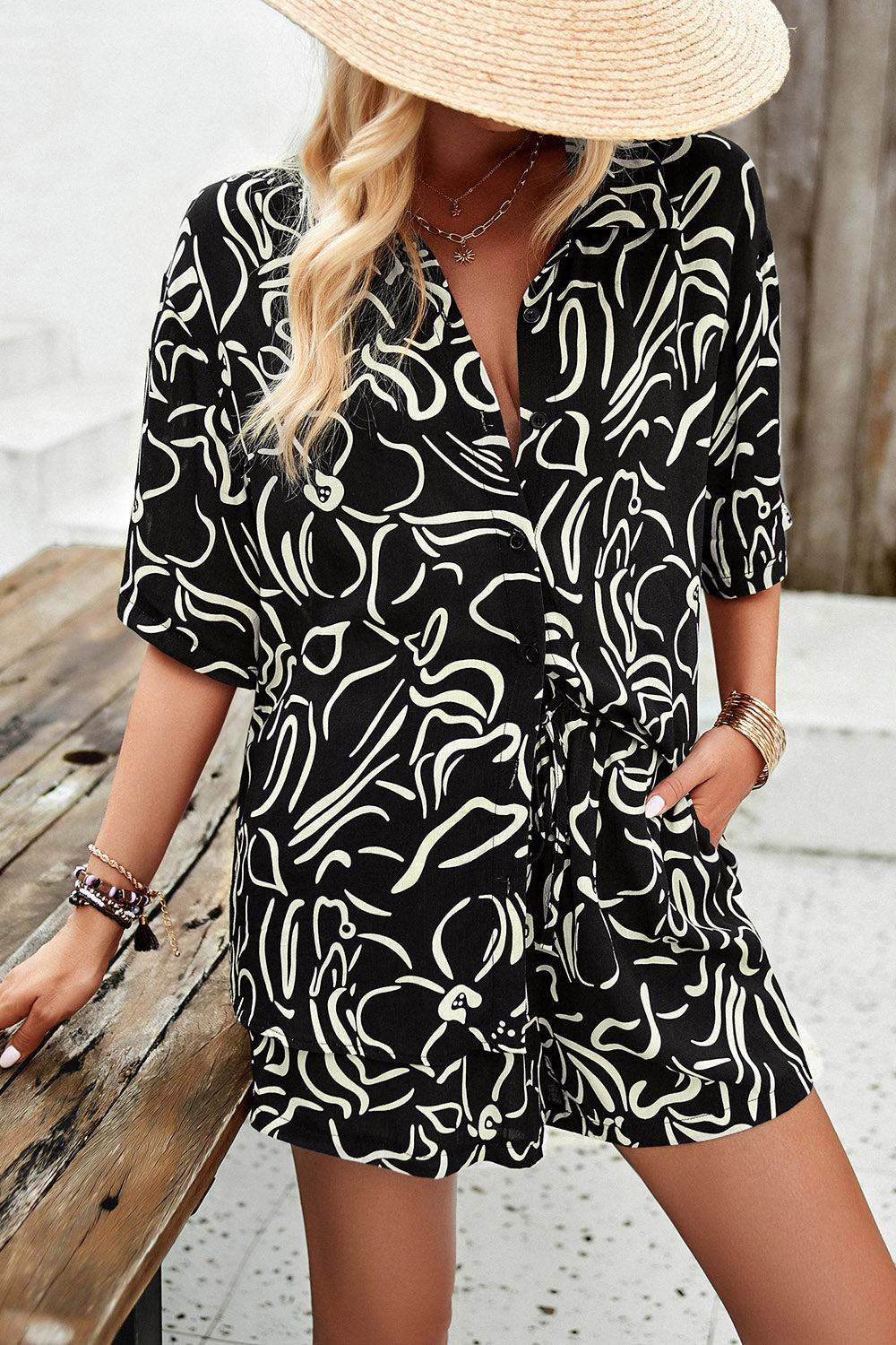 Devine Printed Button Up Shirt and Shorts Set - Clothes For Her Online Store