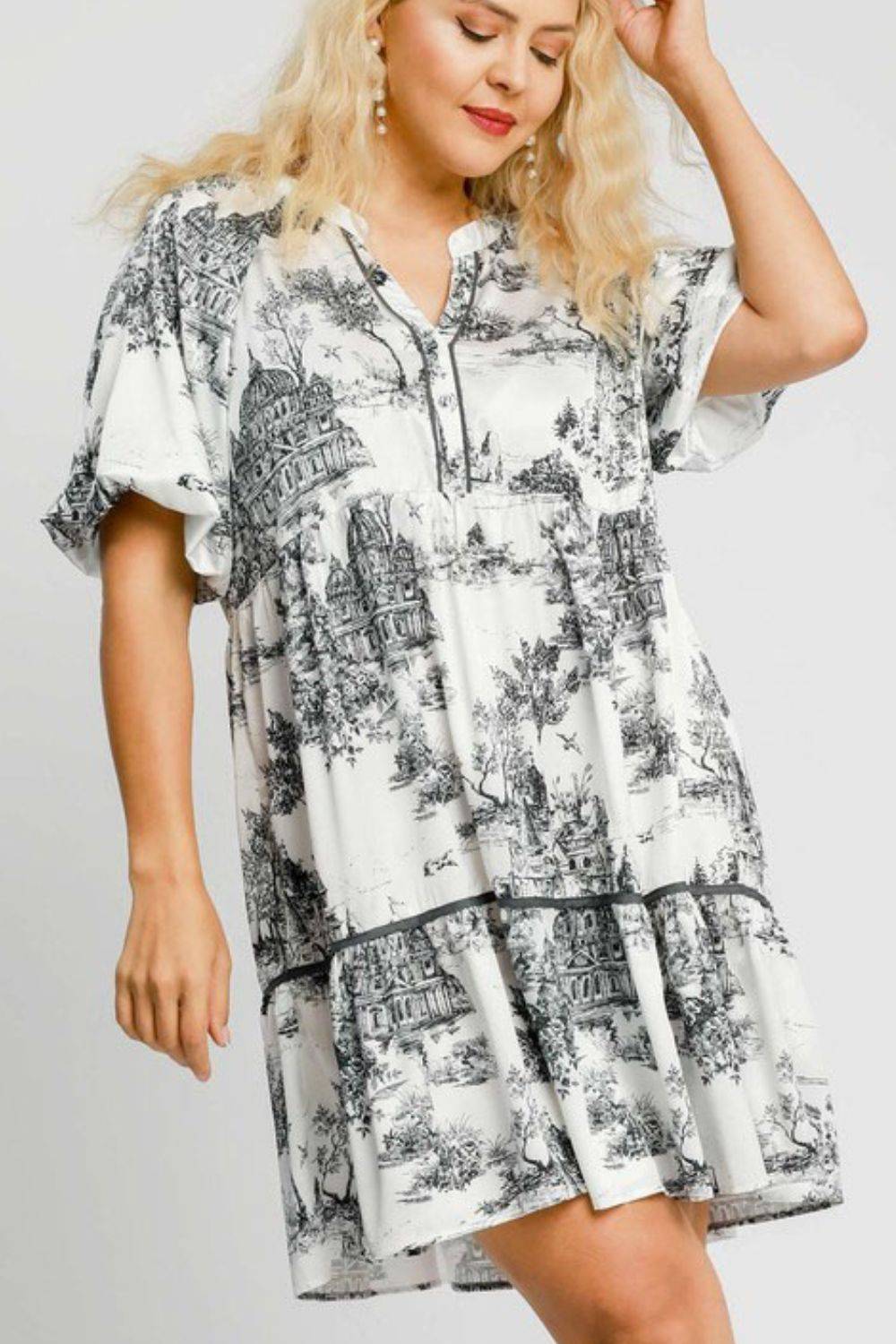 Umgee Full Size Two Tone Landscape Print Dress Plus Size - Clothes For Her Online Store