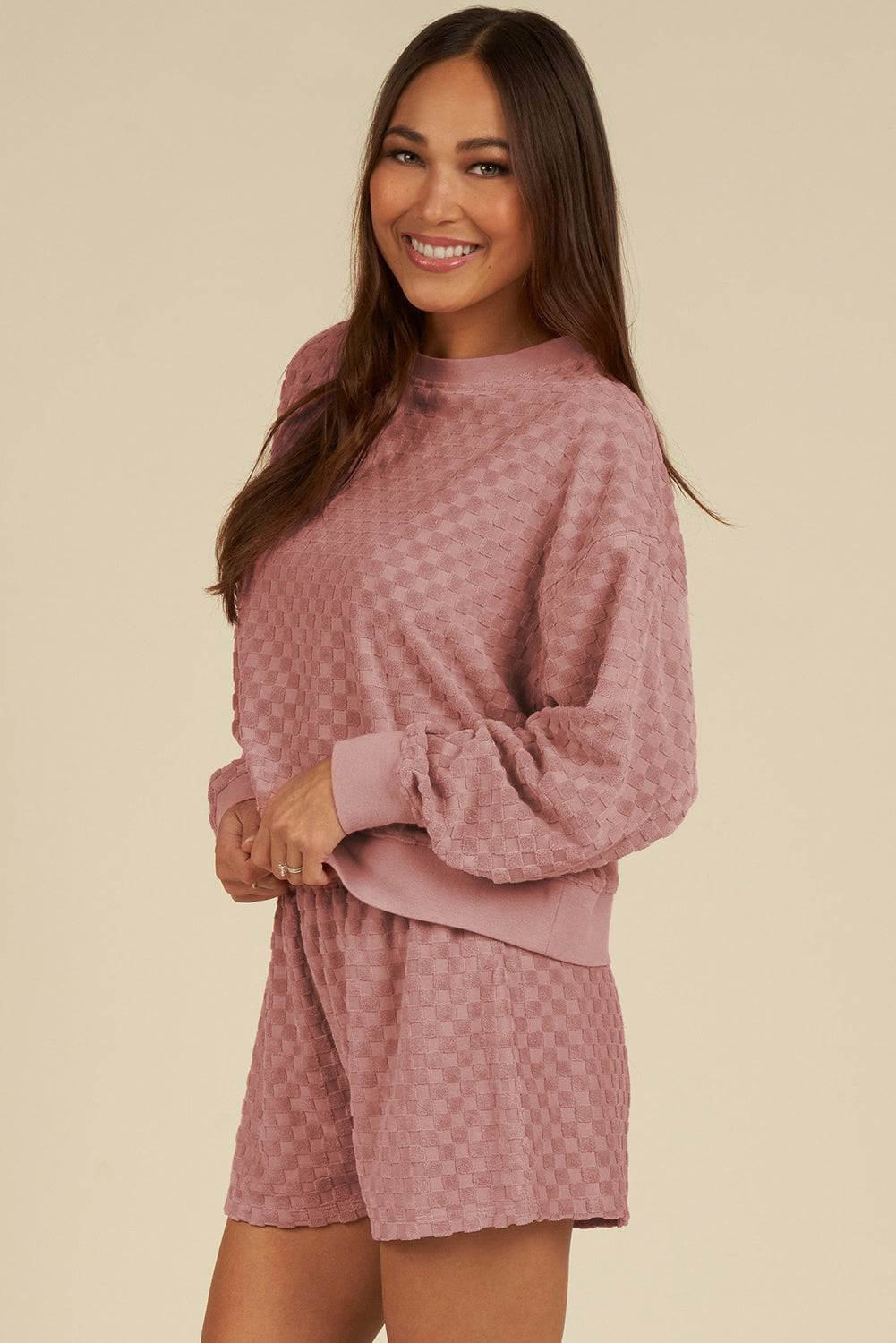 Round Neck Long Sleeve Checkered Top and Shorts Set - Clothes For Her Online Store