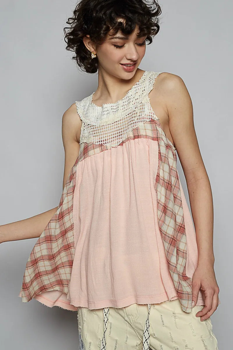 POL Crochet Lace Plaid Panel Detail Tank