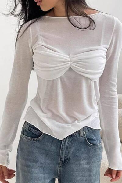 Ruched Round Neck Long Sleeve Blouse