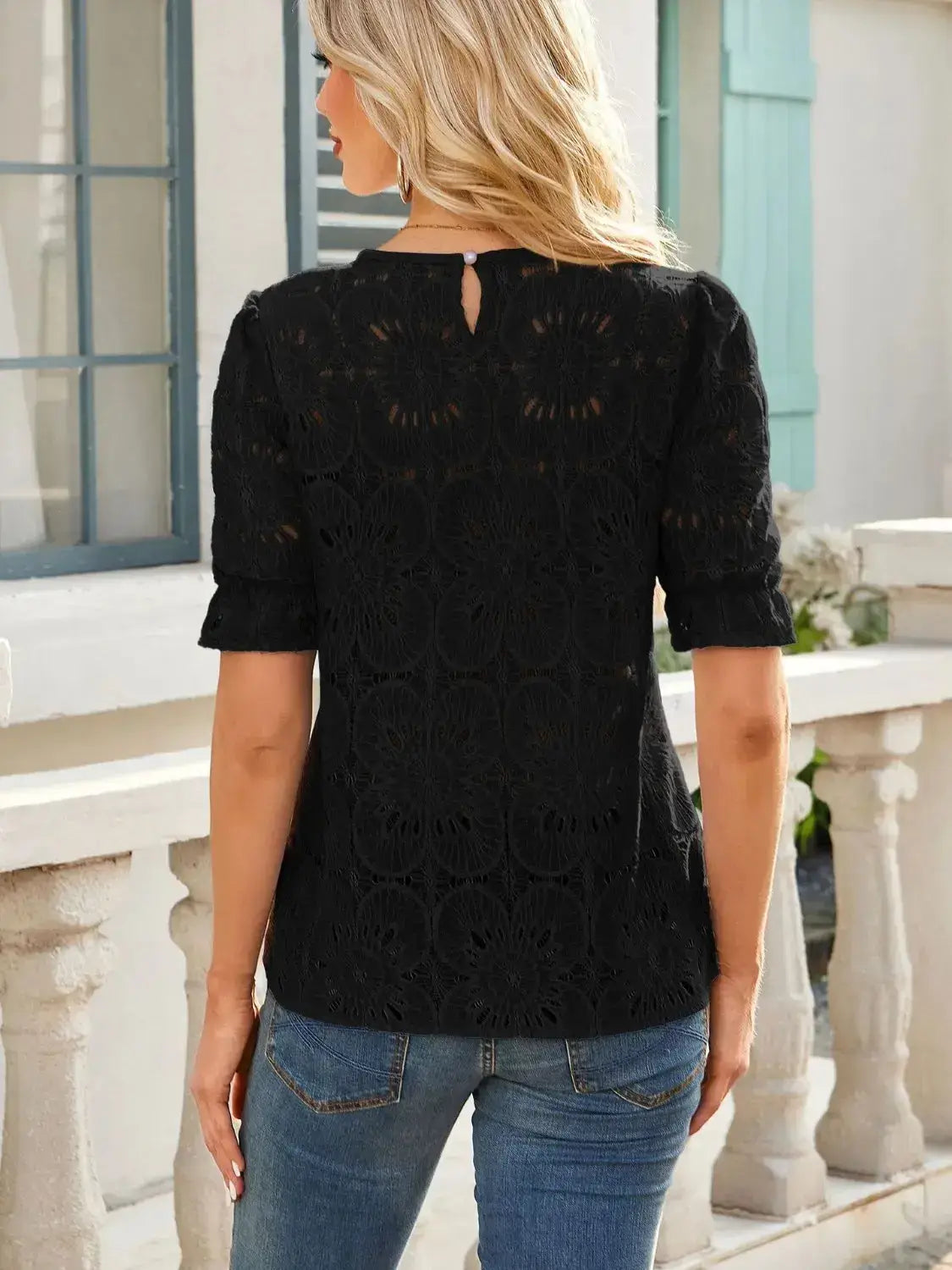 Openwork Round Neck Short Sleeve Top - Clothes For Her Online Store