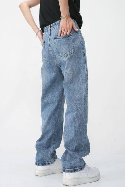 Men's Washed Splicing Straight Leg Jeans