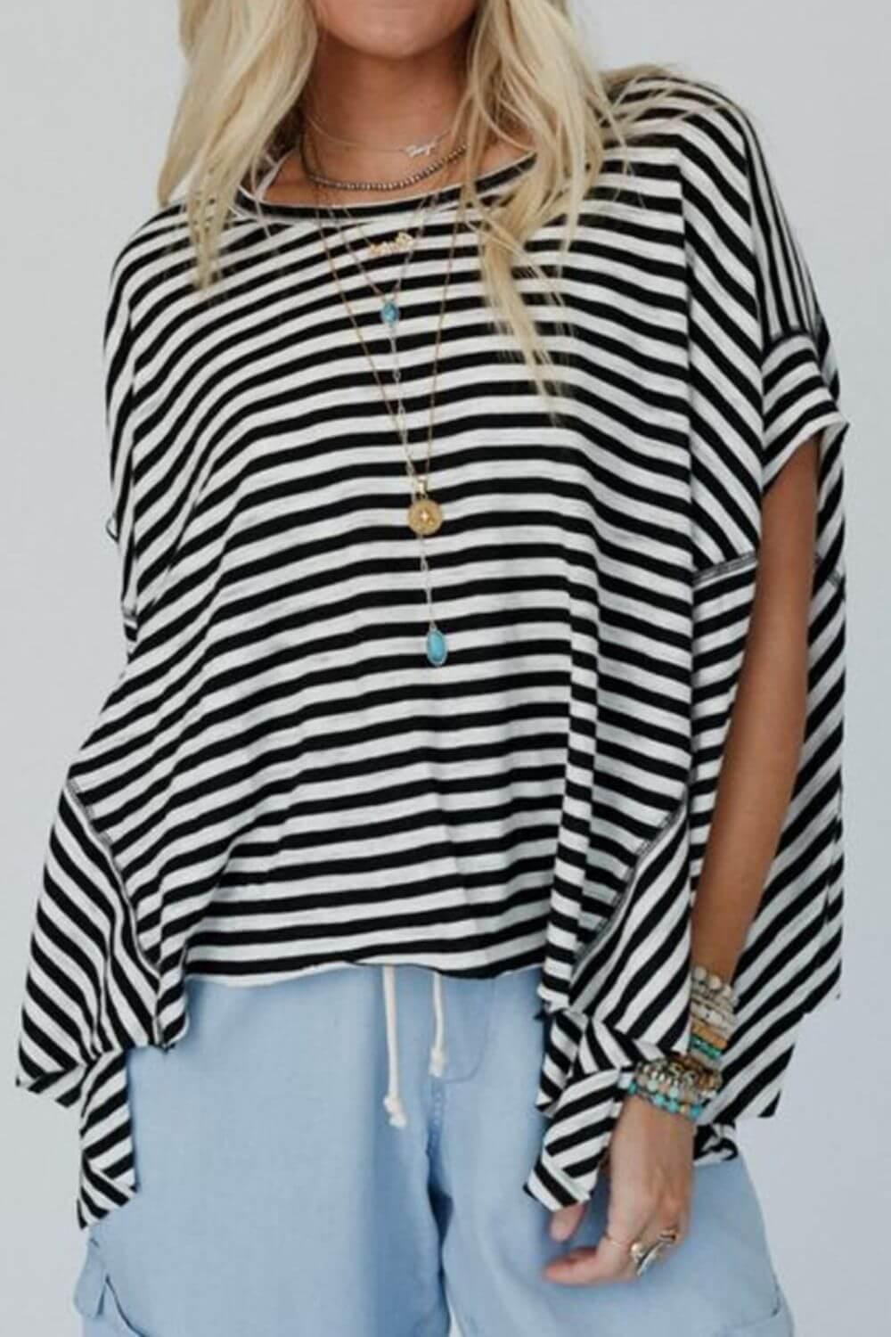 Stripe Batwing Sleeve Round Neck Oversized Top - Clothes For Her Online Store