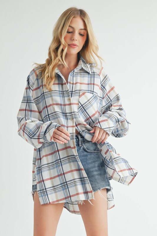 Aemi + Co Plaid Button Up Flannel Shirt with Chest Pocket