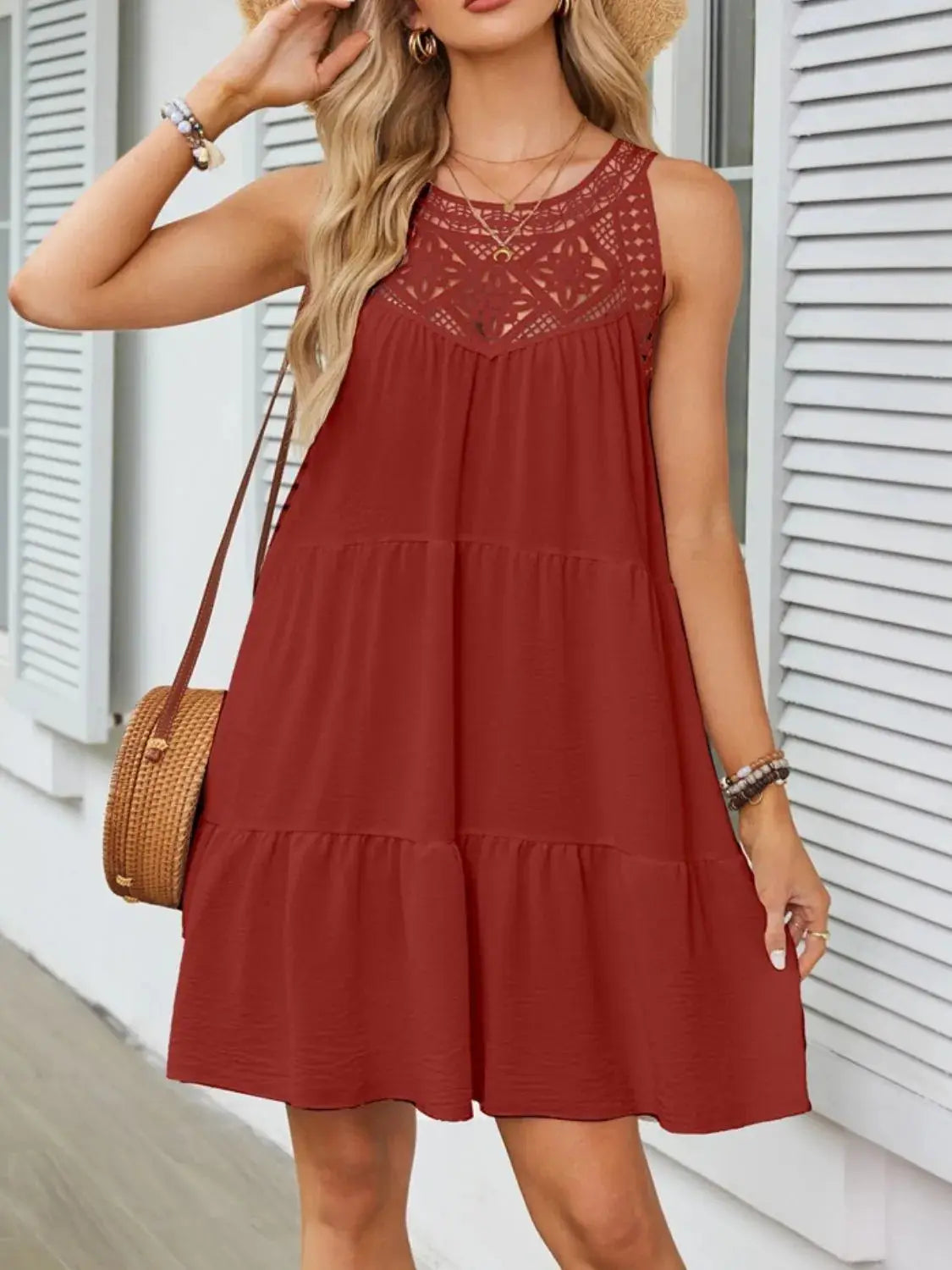 Ruffled Hem Lace Sleeveless Dress - Clothes For Her Online Store