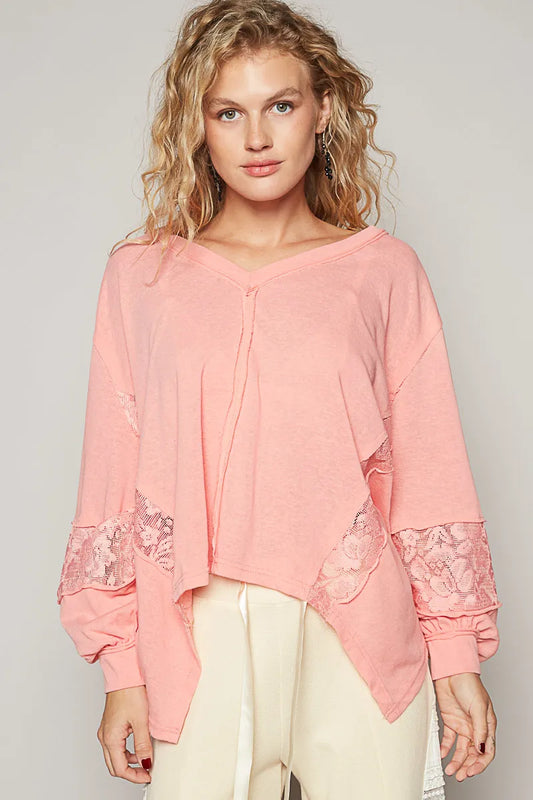 POL V-Neck Long Sleeve T-Shirt with Lace Detail