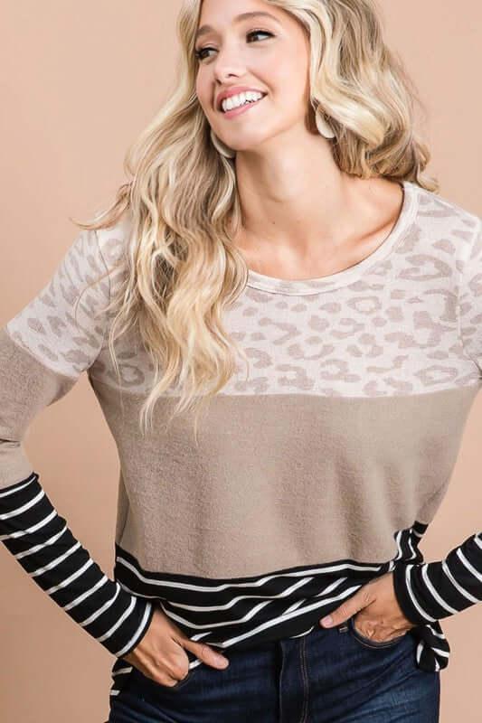 BiBi Leopard Color Block Round Neck Long Sleeve T-Shirt