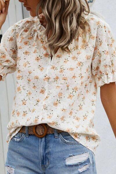 Frill Printed Notched Short Sleeve Blouse