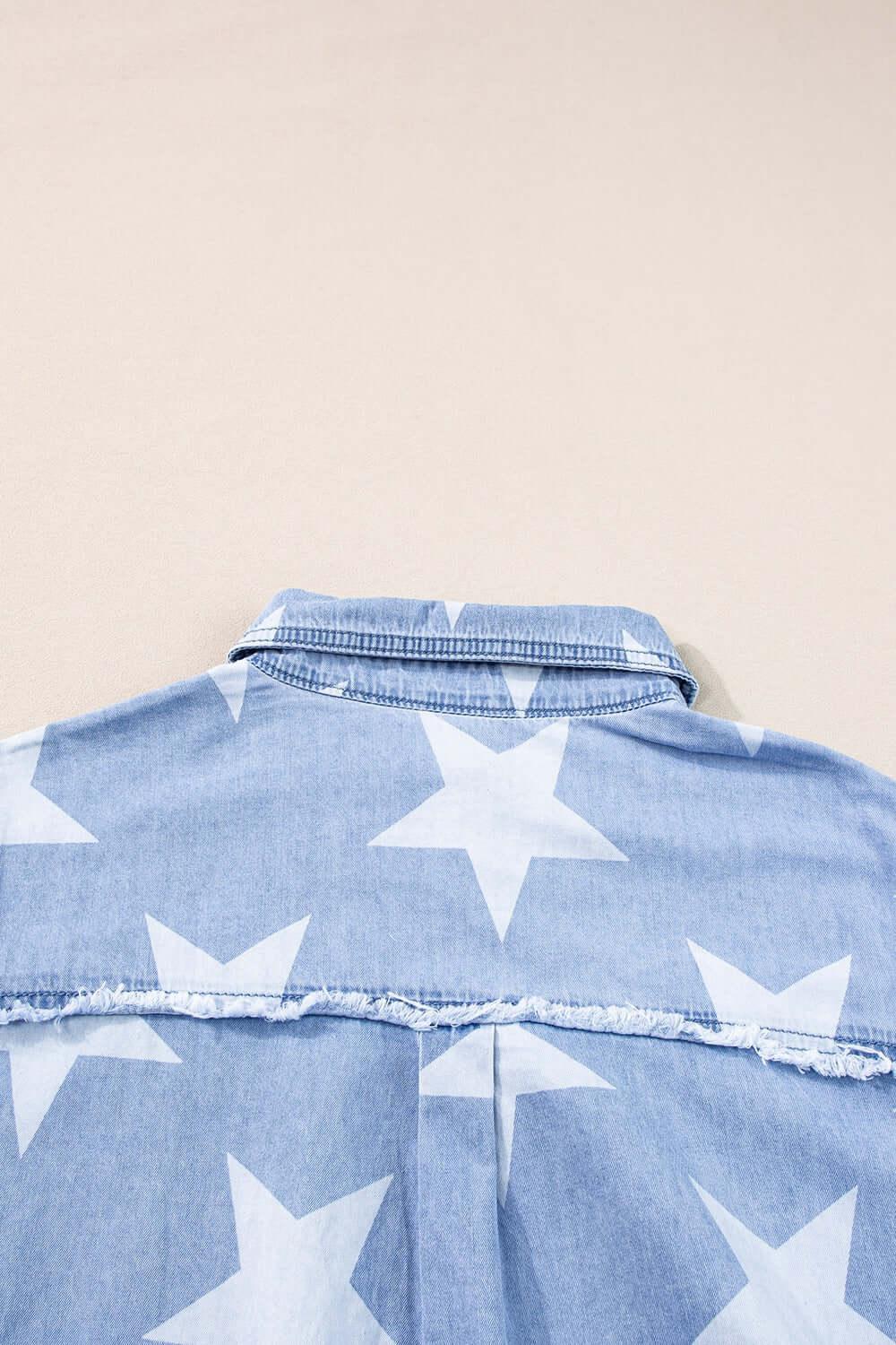 Stars Frayed Hem Collared Short Sleeve Denim Dress