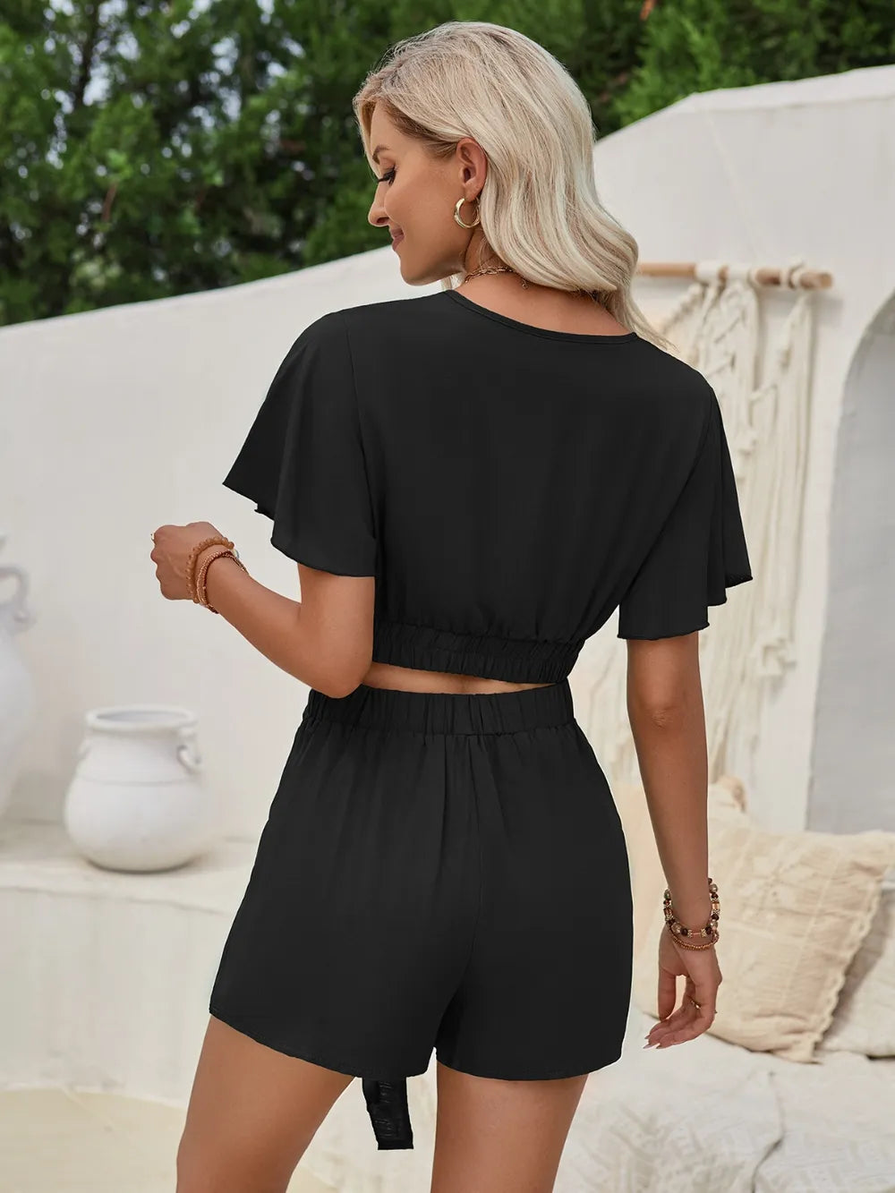 Surplice Flutter Sleeve Top and Tied Shorts Set - Clothes For Her Online Store