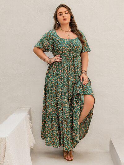 Plus Size Printed Short Sleeve Tiered Maxi Dress