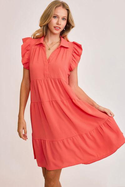 Umgee Full Size Johnny Collar Ruffle Cap Sleeve Tiered Dress Plus Size