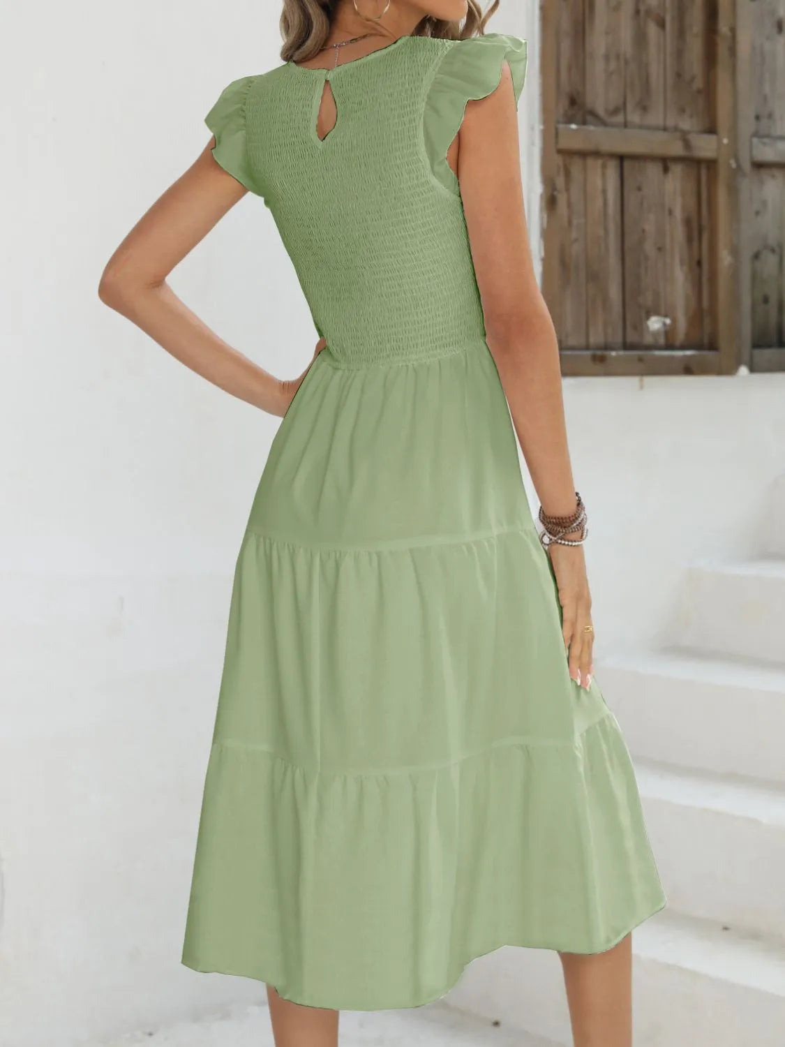 Ruffled Round Neck Cap Sleeve Dress
