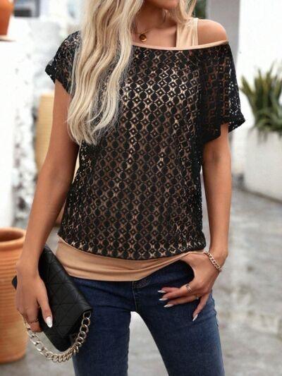 Lace Short Sleeve Fake Two Piece T-Shirt