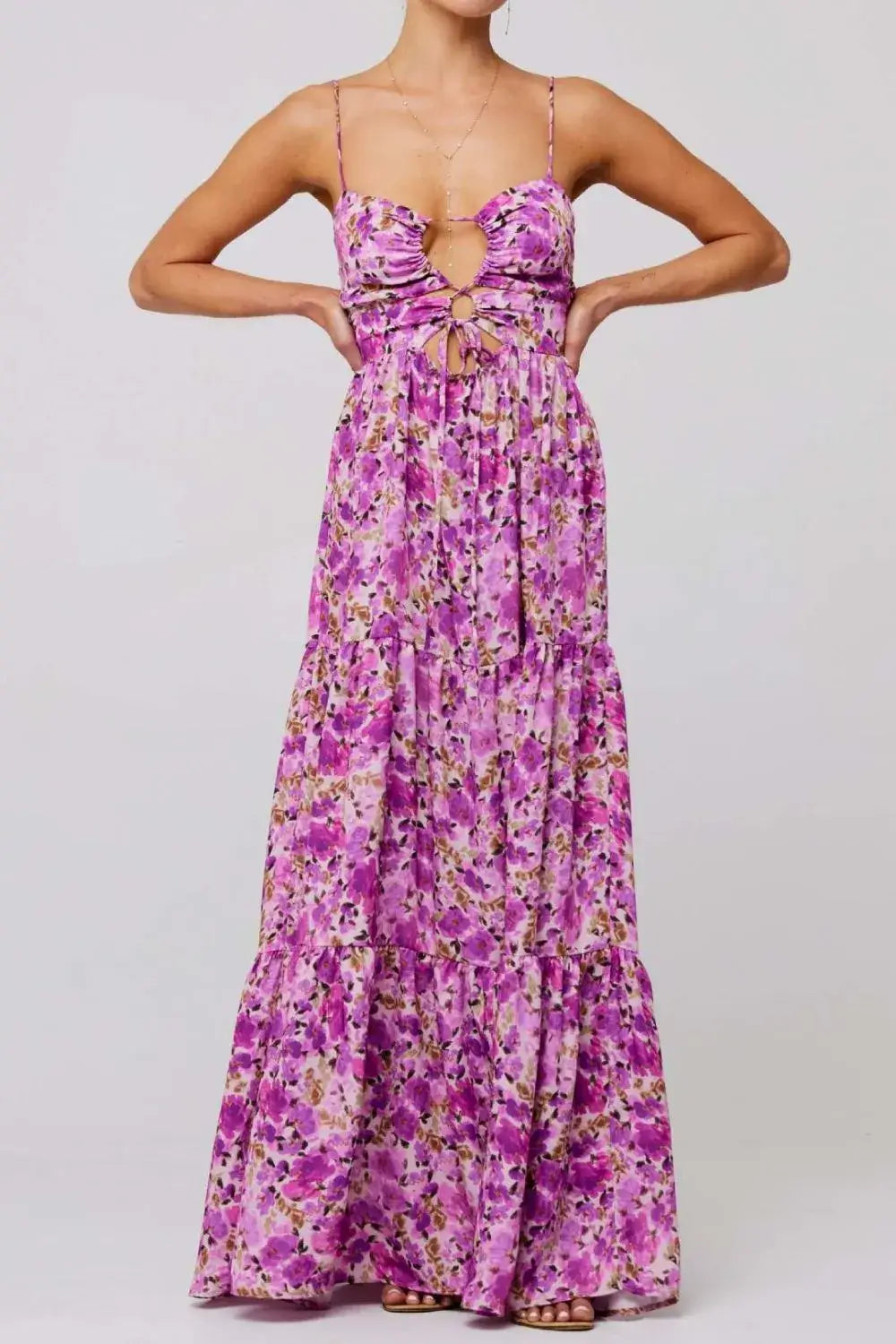 Floral Print Tie Front Tiered Maxi Dress