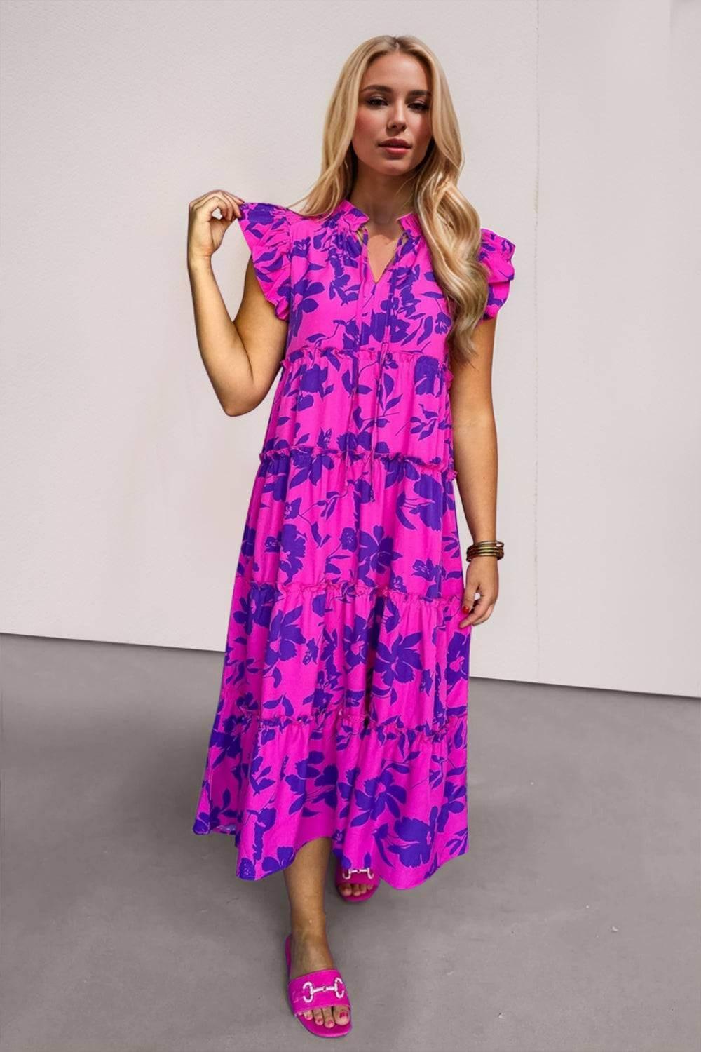 Oh Full Size Ruffled Printed Notched Cap Sleeve Midi Dress - Clothes For Her Online Store
