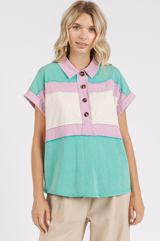 Mittoshop Color Block Henley Short Sleeve Polo Shirt - Clothes For Her Online Store