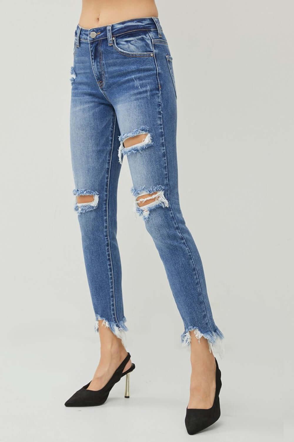 RISEN Distressed Frayed Hem Slim Jeans