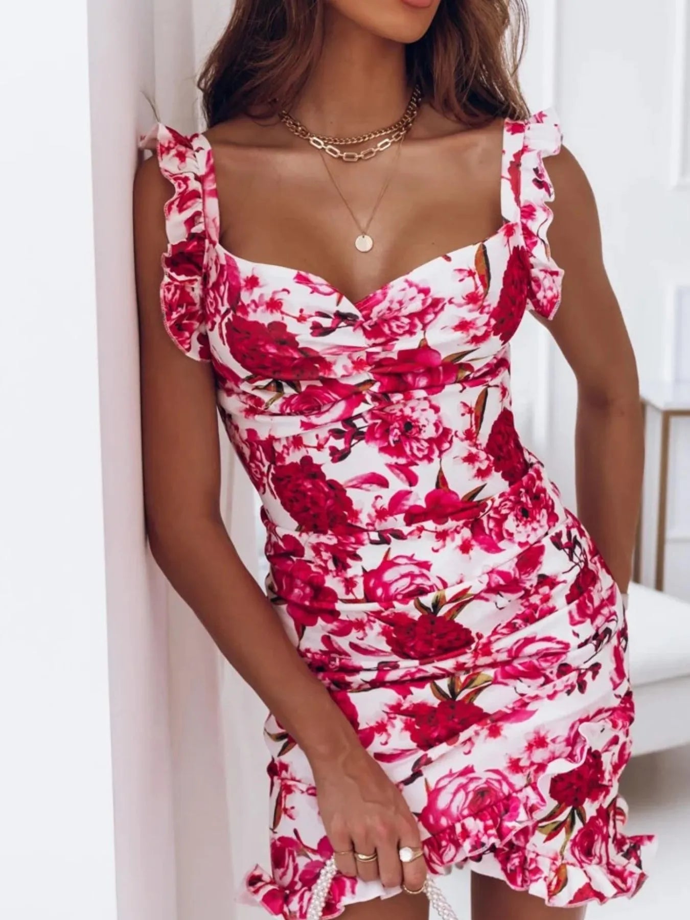 Floral Ruffle Strap Sweetheart Neck Mini Dress