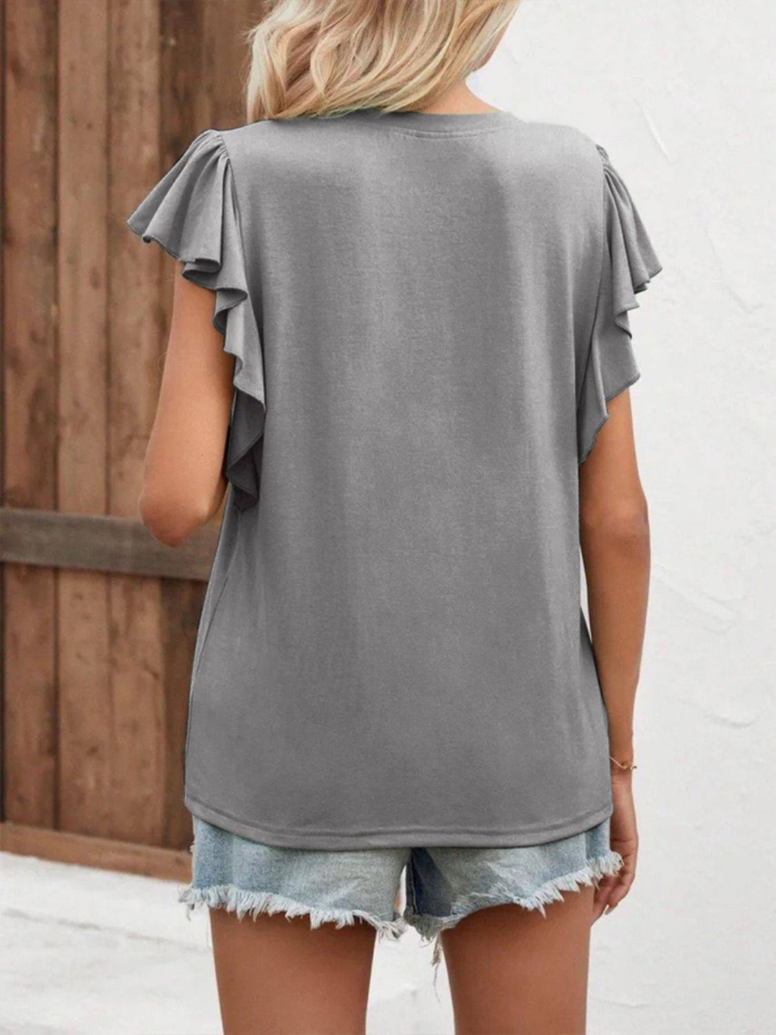 Full Size Ruffled Notched Cap Sleeve T-Shirt - Clothes For Her Online Store