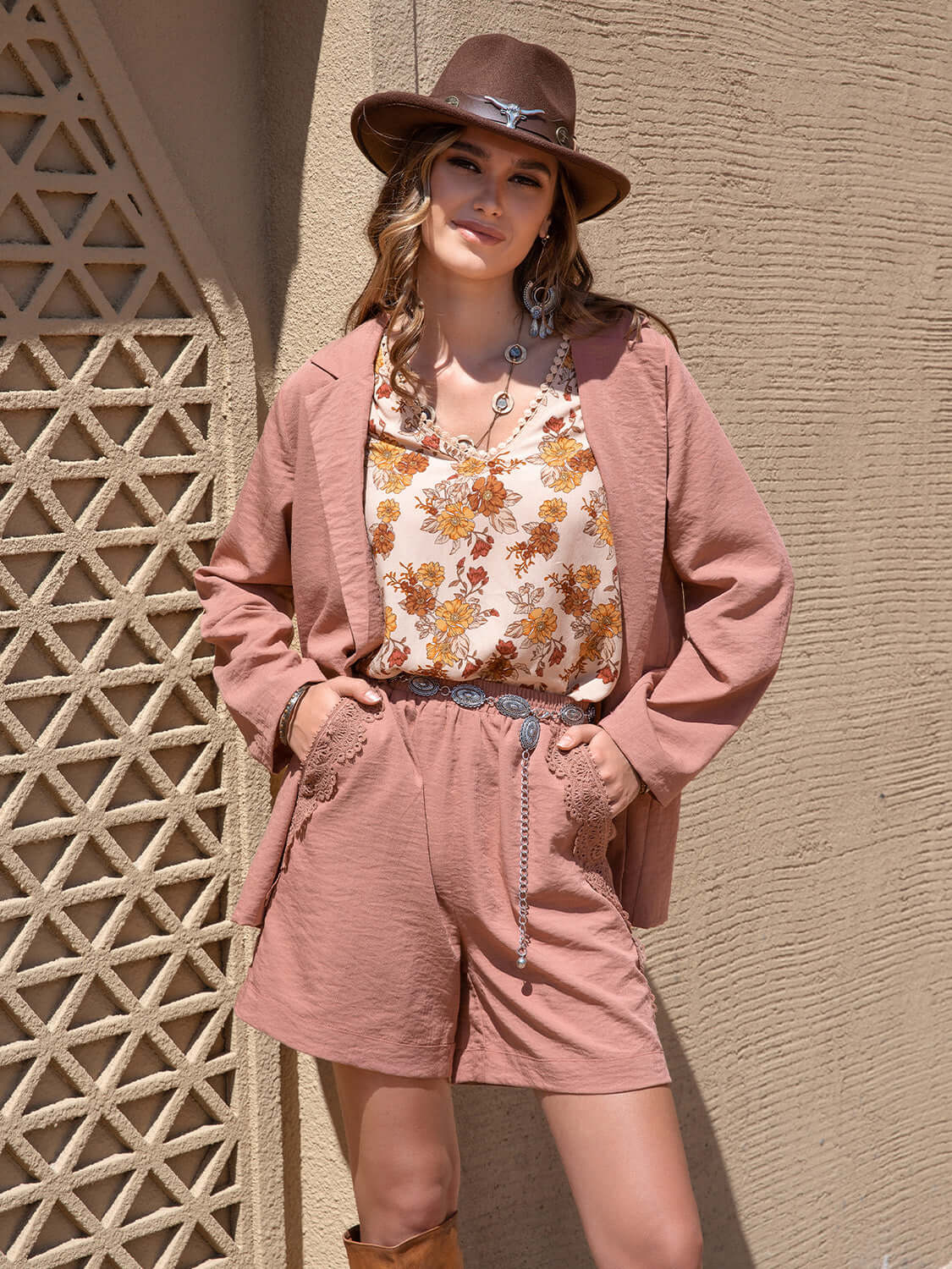 Lace Detail Collared Neck Long Sleeve Top and Shorts Set - Clothes For Her Online Store