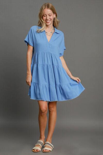 Umgee Full Size Raw Hem Folded Sleeve Tiered Dress Plus Size