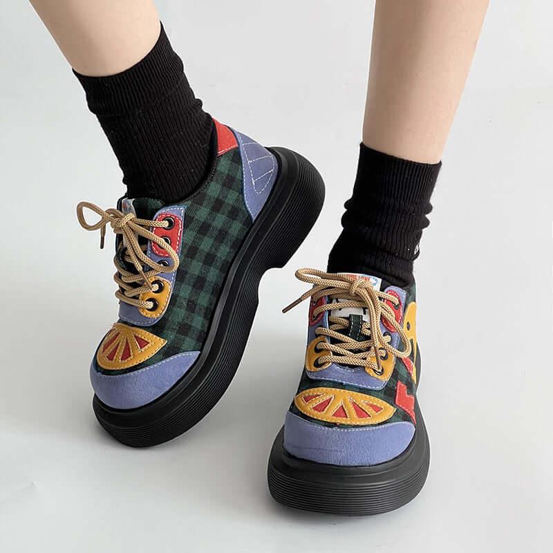 Lace Up Round Toe Plaid Platform Sneakers