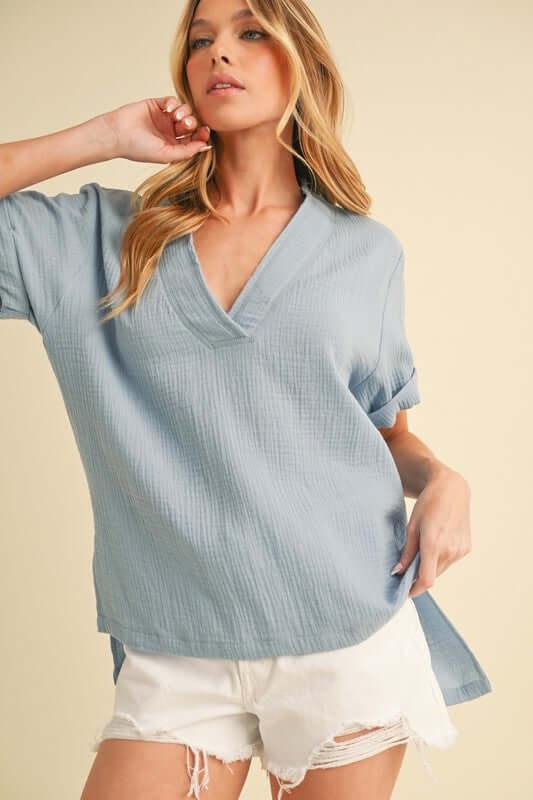 Aemi + Co Side Slit V-Neck Short Sleeve Blouse