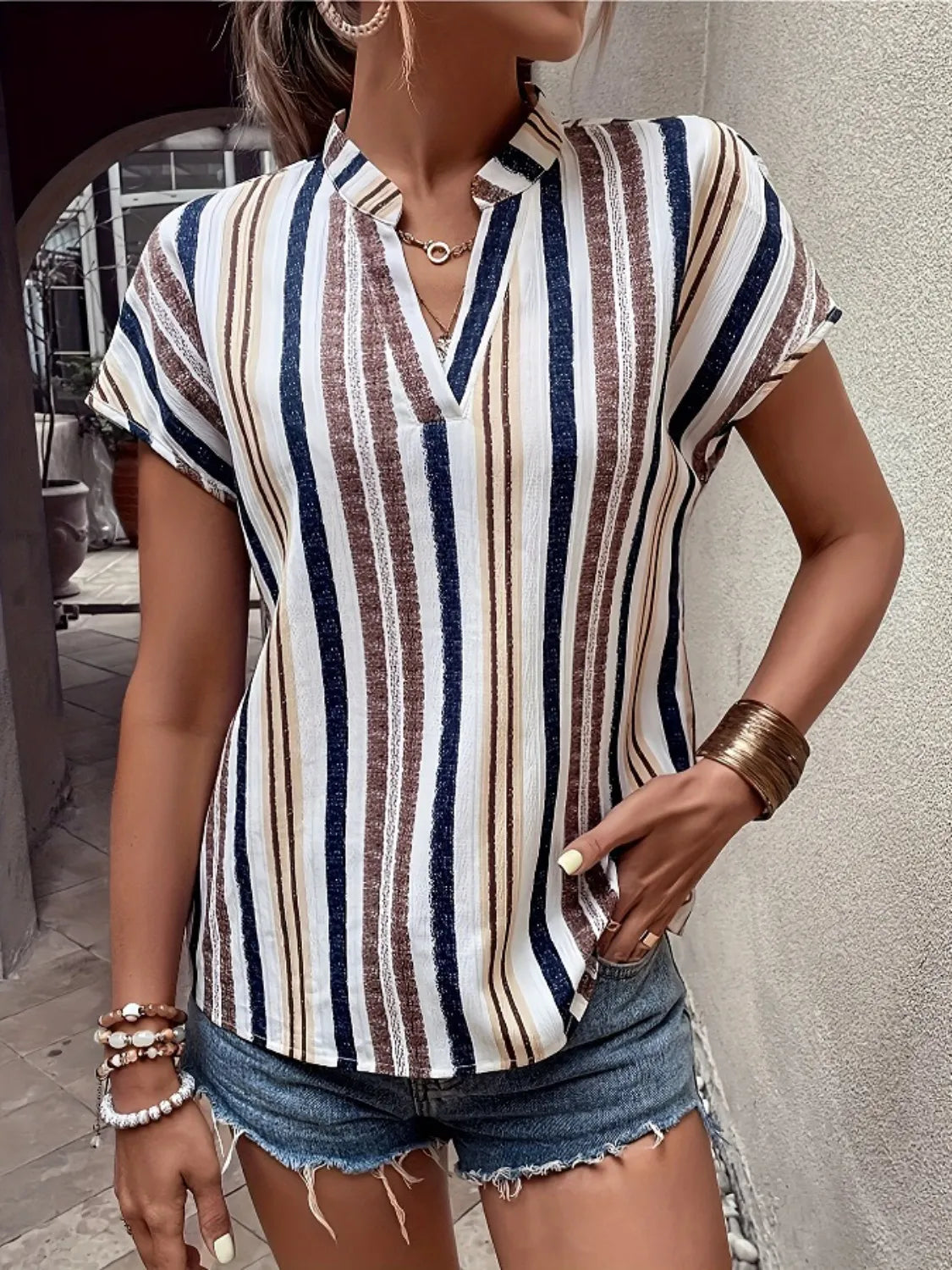 Striped Notched Short Sleeve Shirt